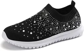 Women's Crystal Breathable Orthopedic Slip On Walking Shoes, Sparkle Rhinestone Slip On Loafers, Knitted Anti-Slip Sneakers Casua