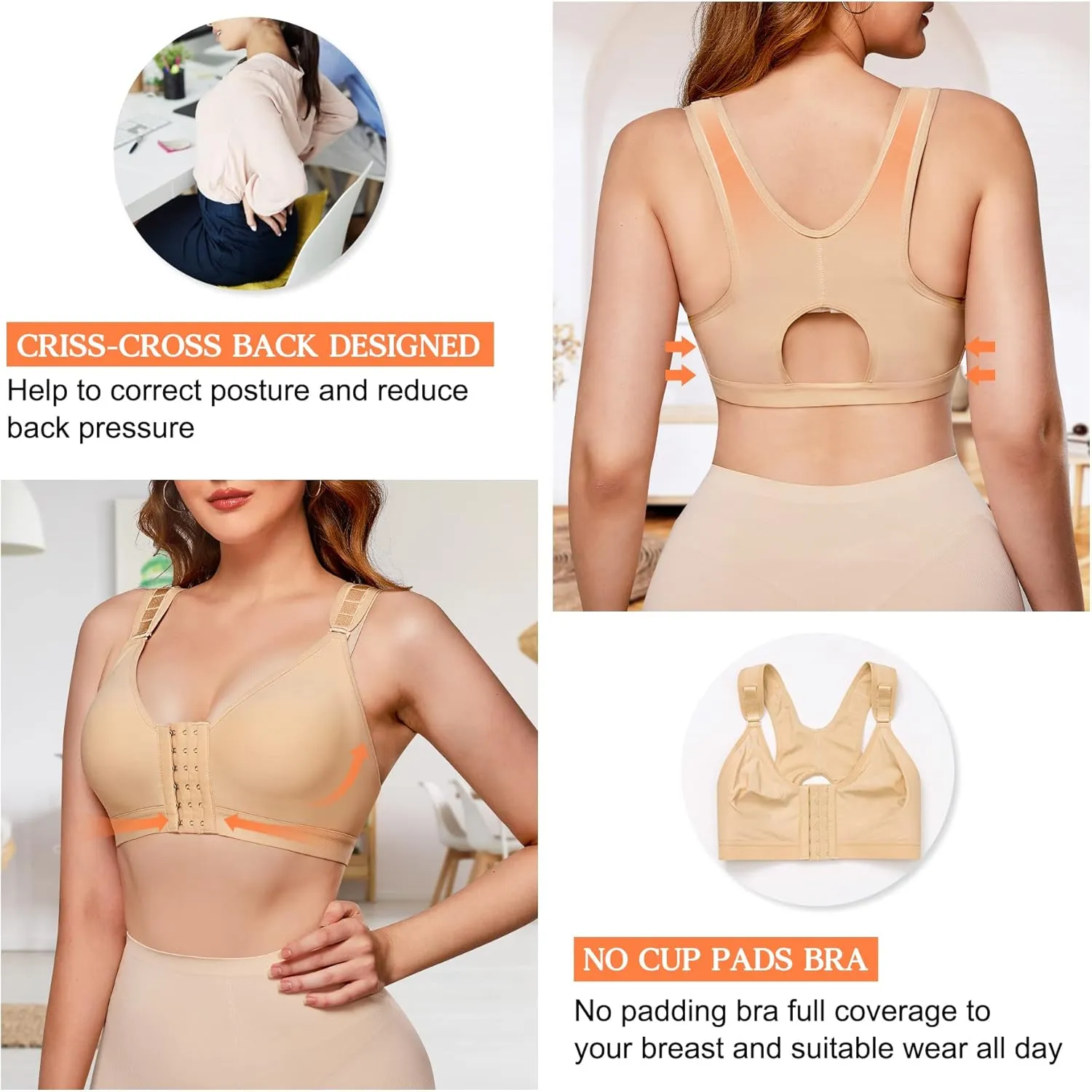 Wonderience Post-Surgical Bra Wide Adjustable Straps with Front Closure Wirefree