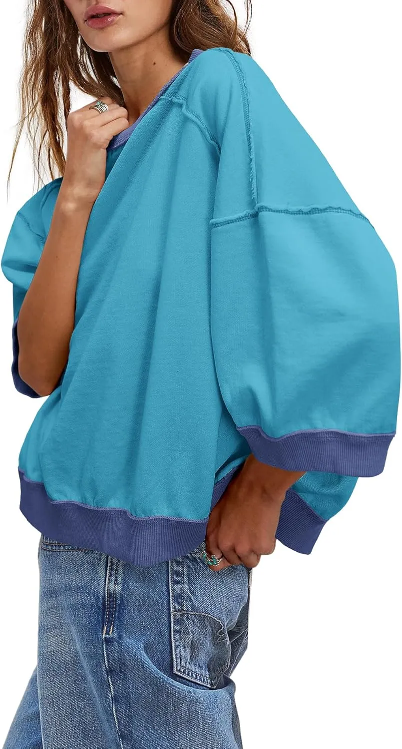 Yanekop Womens Crewneck Short Sleeve Sweatshirt 3/4 Sleeve Tops Color Block Oversized Sweatshirt Summer Shirts