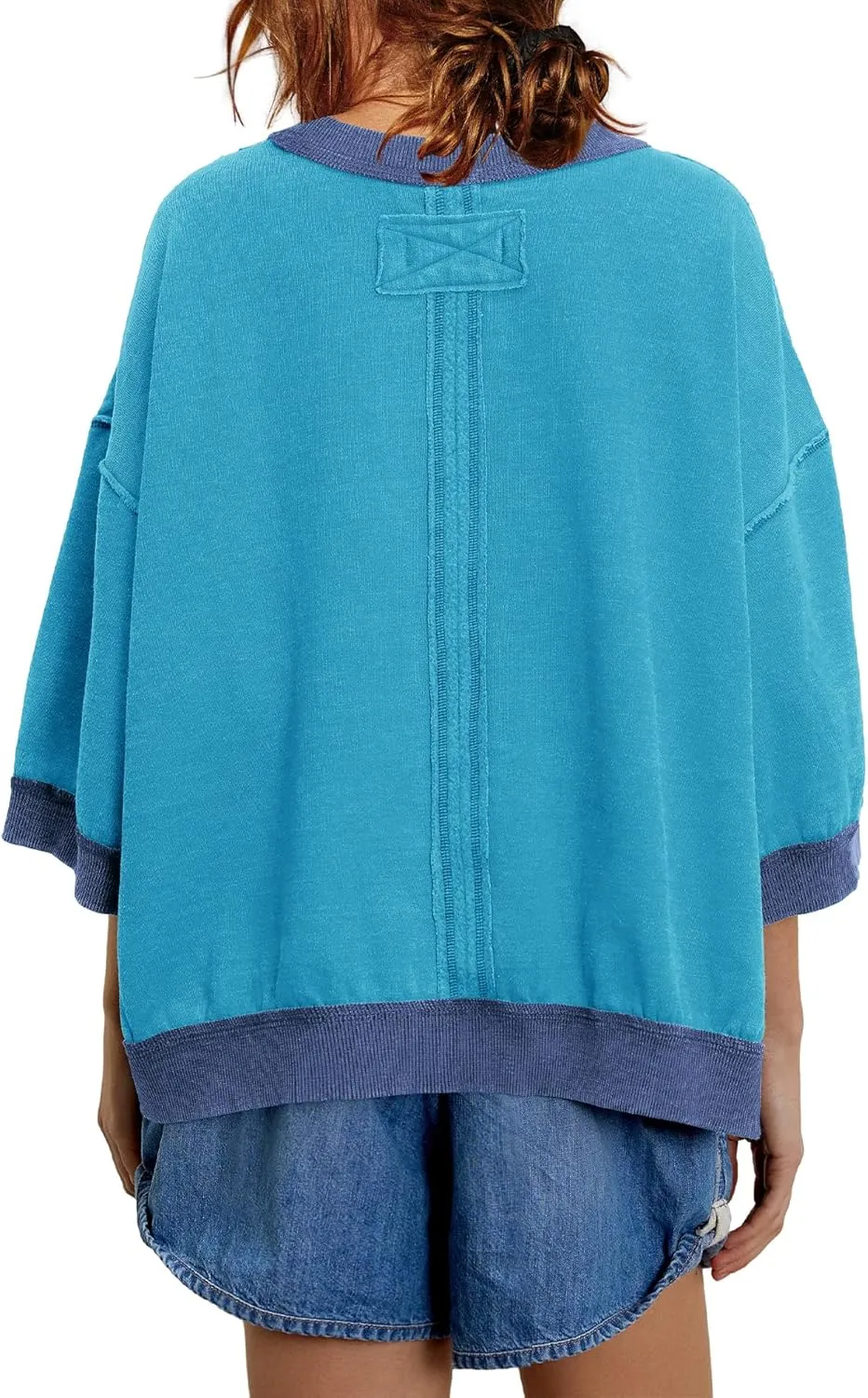 Yanekop Womens Crewneck Short Sleeve Sweatshirt 3/4 Sleeve Tops Color Block Oversized Sweatshirt Summer Shirts