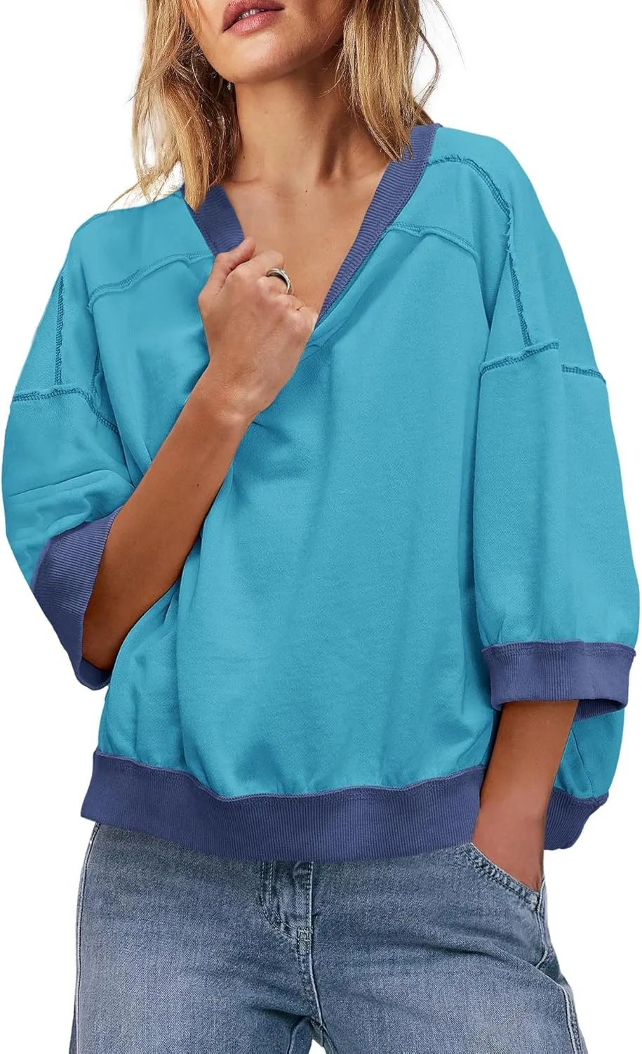 Yanekop Womens Crewneck Short Sleeve Sweatshirt 3/4 Sleeve Tops Color Block Oversized Sweatshirt Summer Shirts
